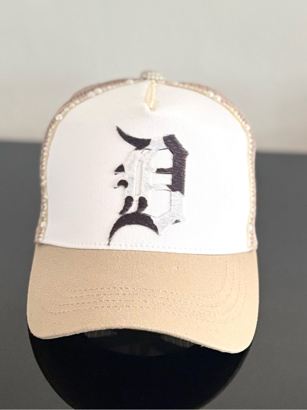 Beige and White Embroidered Trucker Cap